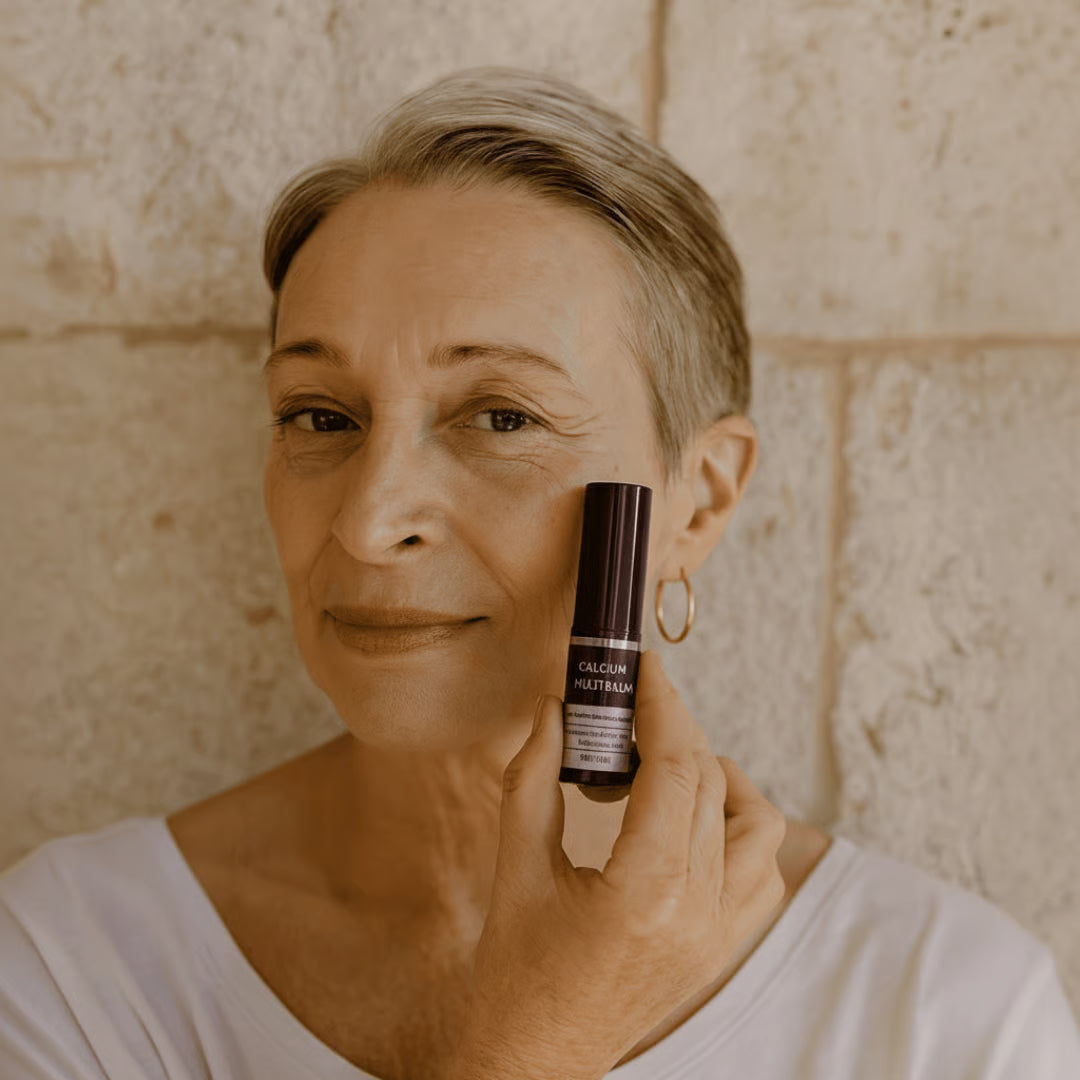 Person holding a skincare product beside their face, standing against a stone wall.