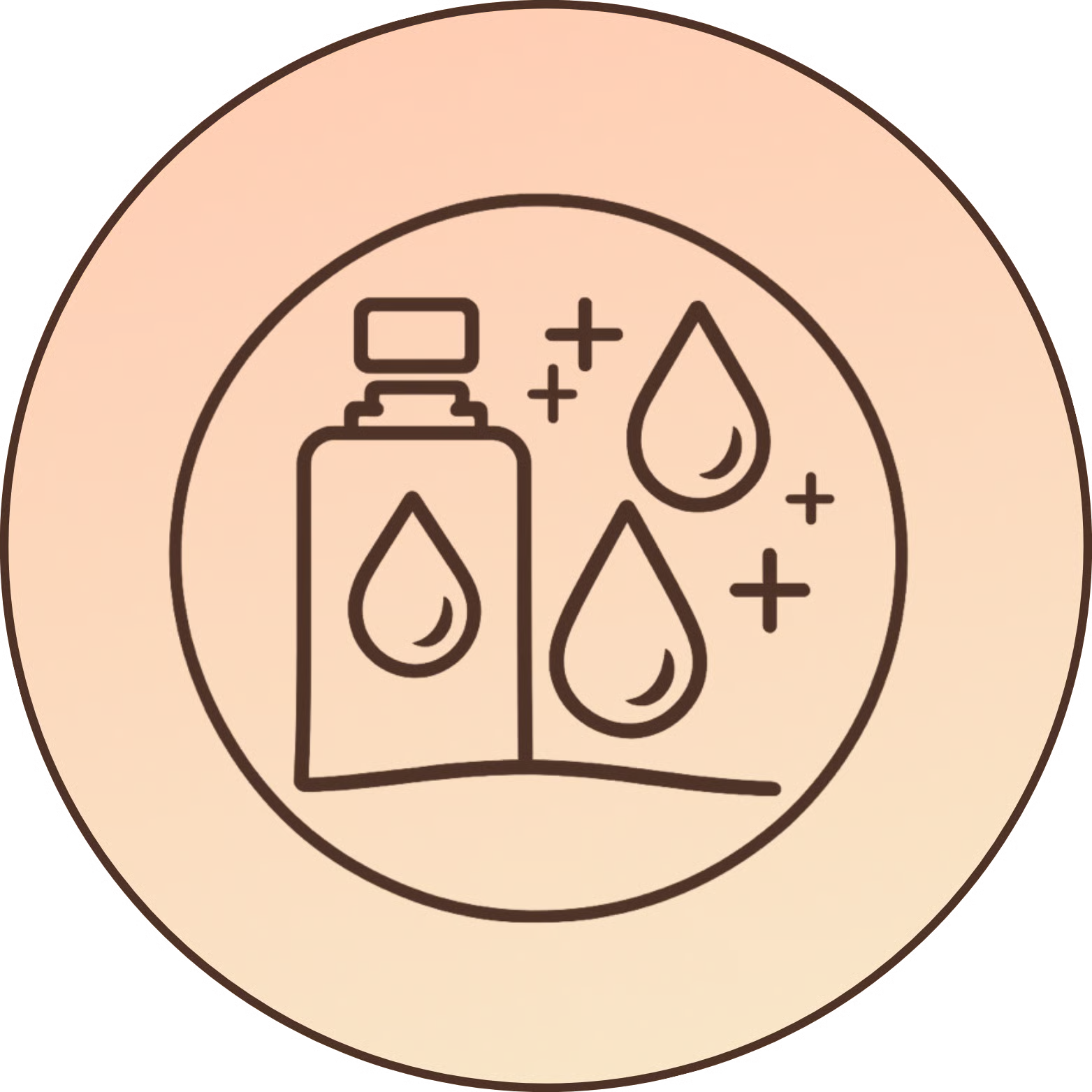 Line drawing of a bottle with droplets and sparkles.